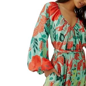 Farm Rio Anthropologie Poppy Print Maxi Dress SP Small Petite Belted Green